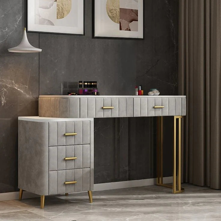 Coiffeuse Moderne 5 Tiroirs + Tabouret et Miroir
