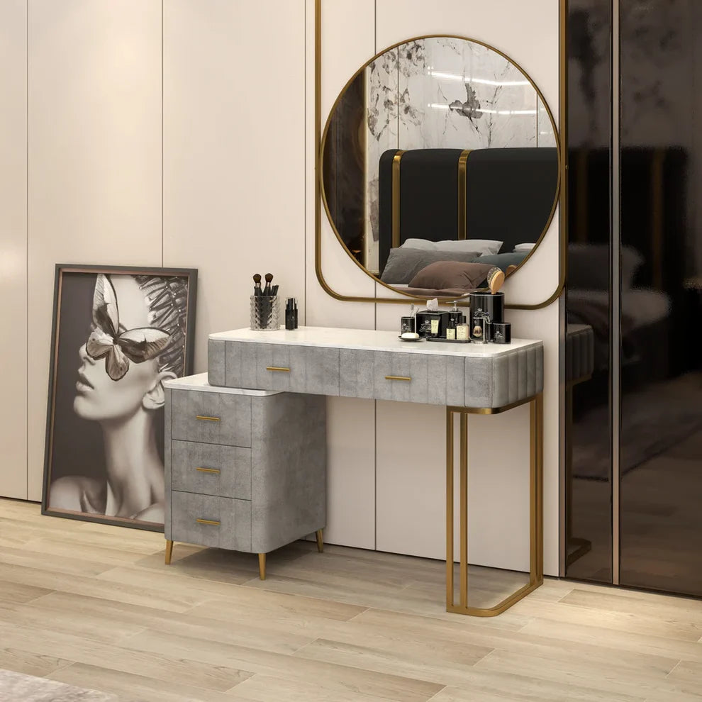 Coiffeuse Moderne 5 Tiroirs + Tabouret et Miroir